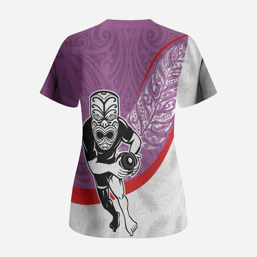 Personalised Aotearoa Lawn Bowls Scrub Top Maori Warrior and Silver Fern Sporty Style Pink