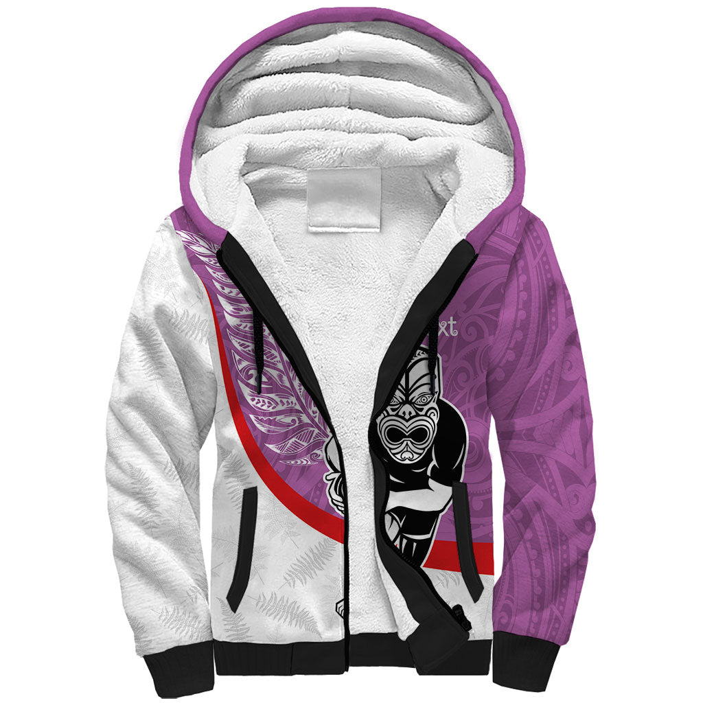 Personalised Aotearoa Lawn Bowls Sherpa Hoodie Maori Warrior and Silver Fern Sporty Style Pink