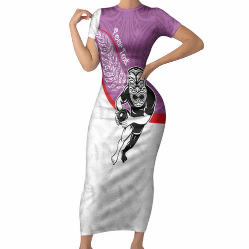 Personalised Aotearoa Lawn Bowls Short Sleeve Bodycon Dress Maori Warrior and Silver Fern Sporty Style Pink