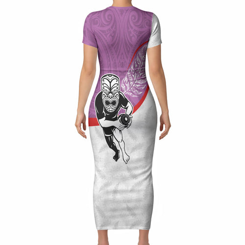 Personalised Aotearoa Lawn Bowls Short Sleeve Bodycon Dress Maori Warrior and Silver Fern Sporty Style Pink