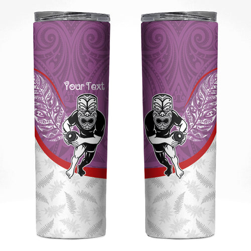 Personalised Aotearoa Lawn Bowls Skinny Tumbler Maori Warrior and Silver Fern Sporty Style Pink