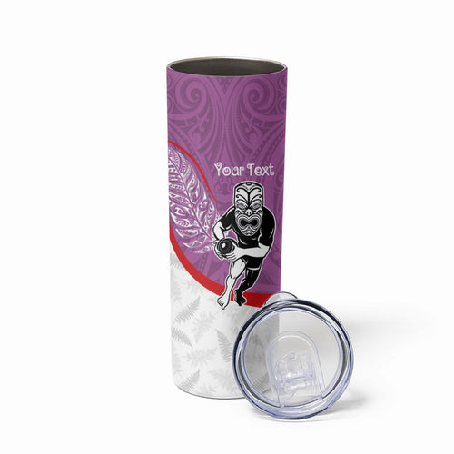 Personalised Aotearoa Lawn Bowls Skinny Tumbler Maori Warrior and Silver Fern Sporty Style Pink