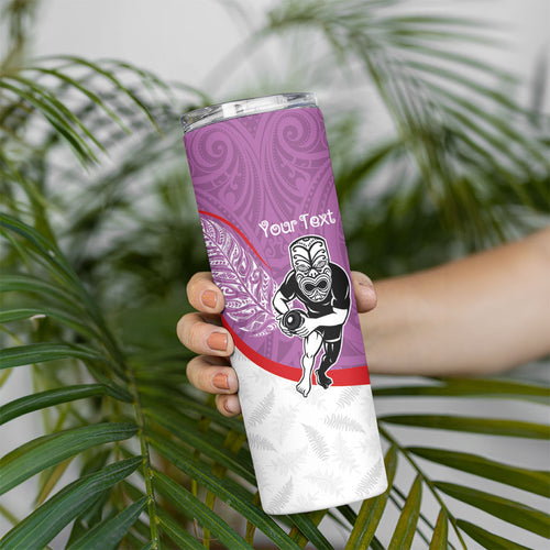 Personalised Aotearoa Lawn Bowls Skinny Tumbler Maori Warrior and Silver Fern Sporty Style Pink