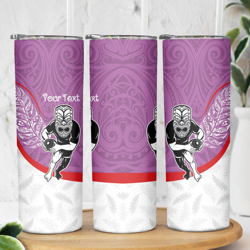 Personalised Aotearoa Lawn Bowls Skinny Tumbler Maori Warrior and Silver Fern Sporty Style Pink