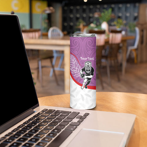 Personalised Aotearoa Lawn Bowls Skinny Tumbler Maori Warrior and Silver Fern Sporty Style Pink