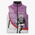 Personalised Aotearoa Lawn Bowls Sleeveless Puffer Jacket Maori Warrior and Silver Fern Sporty Style Pink