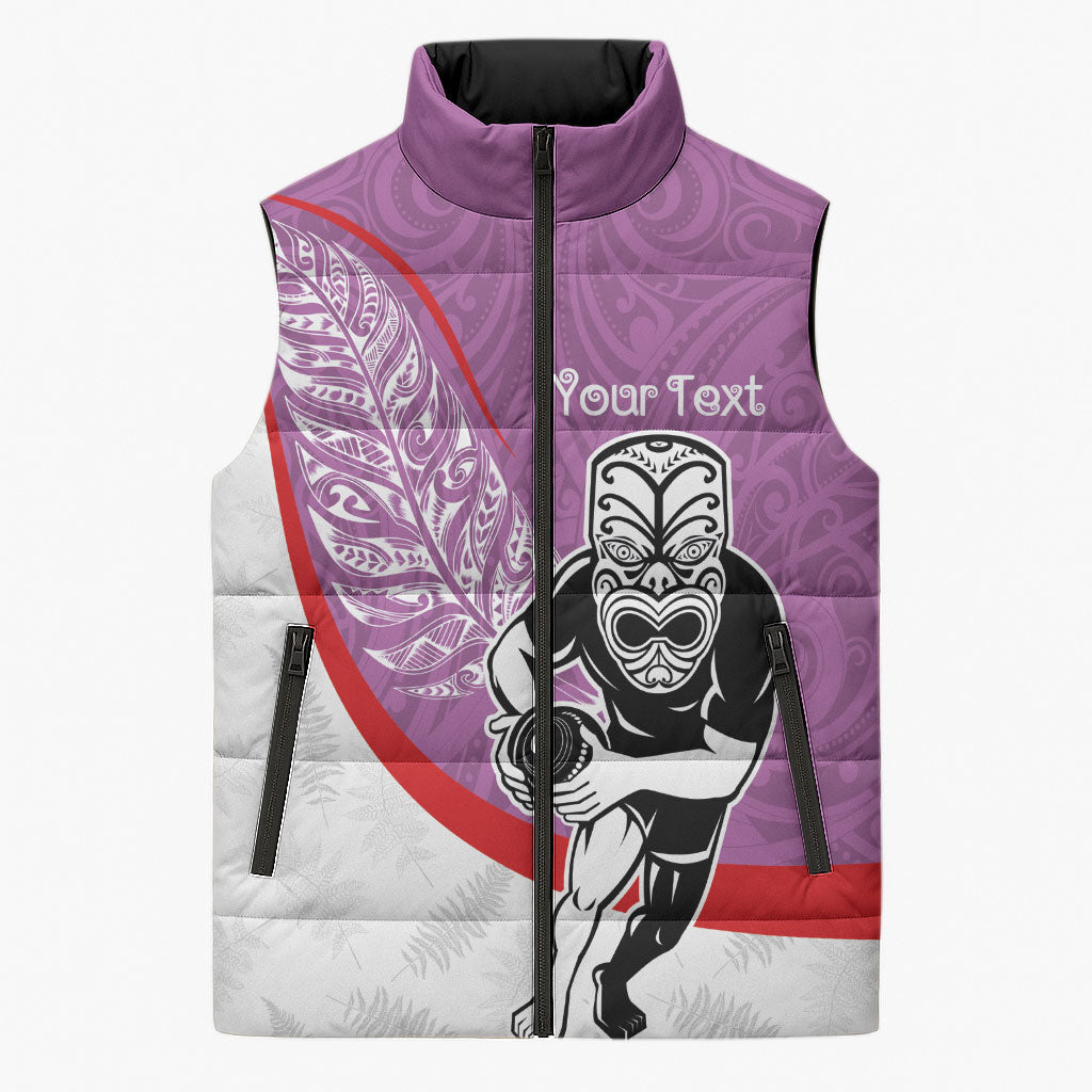 Personalised Aotearoa Lawn Bowls Sleeveless Puffer Jacket Maori Warrior and Silver Fern Sporty Style Pink