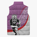 Personalised Aotearoa Lawn Bowls Sleeveless Puffer Jacket Maori Warrior and Silver Fern Sporty Style Pink