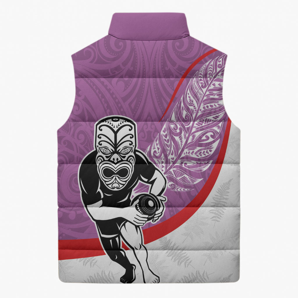 Personalised Aotearoa Lawn Bowls Sleeveless Puffer Jacket Maori Warrior and Silver Fern Sporty Style Pink