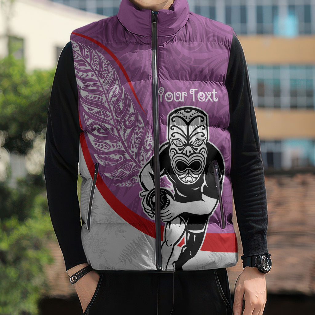 Personalised Aotearoa Lawn Bowls Sleeveless Puffer Jacket Maori Warrior and Silver Fern Sporty Style Pink