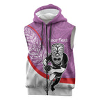 Personalised Aotearoa Lawn Bowls Sleeveless Zip Hoodie Maori Warrior and Silver Fern Sporty Style Pink