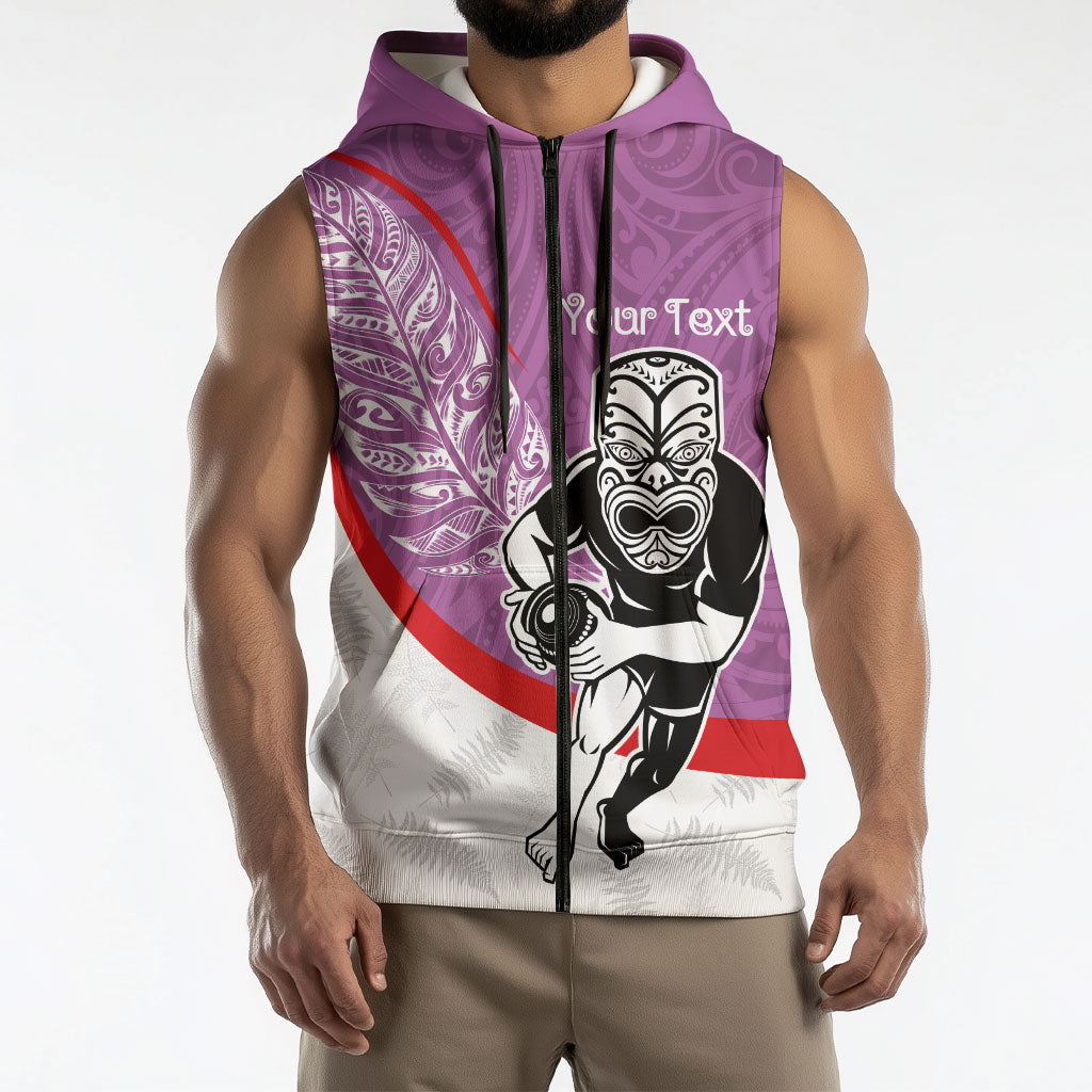 Personalised Aotearoa Lawn Bowls Sleeveless Zip Hoodie Maori Warrior and Silver Fern Sporty Style Pink