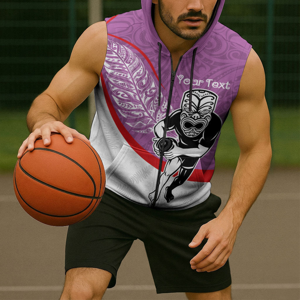 Personalised Aotearoa Lawn Bowls Sleeveless Zip Hoodie Maori Warrior and Silver Fern Sporty Style Pink