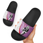 Personalised Aotearoa Lawn Bowls Slide Sandals Maori Warrior and Silver Fern Sporty Style Pink