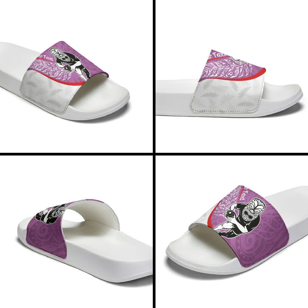 Personalised Aotearoa Lawn Bowls Slide Sandals Maori Warrior and Silver Fern Sporty Style Pink