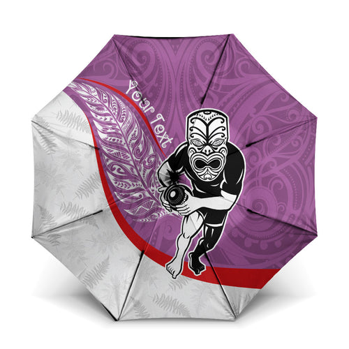 Personalised Aotearoa Lawn Bowls Umbrella Maori Warrior and Silver Fern Sporty Style Pink