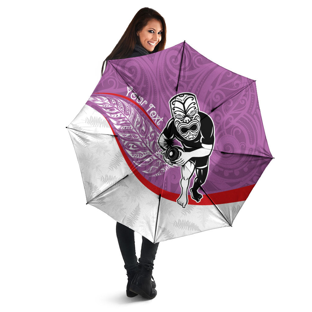 Personalised Aotearoa Lawn Bowls Umbrella Maori Warrior and Silver Fern Sporty Style Pink