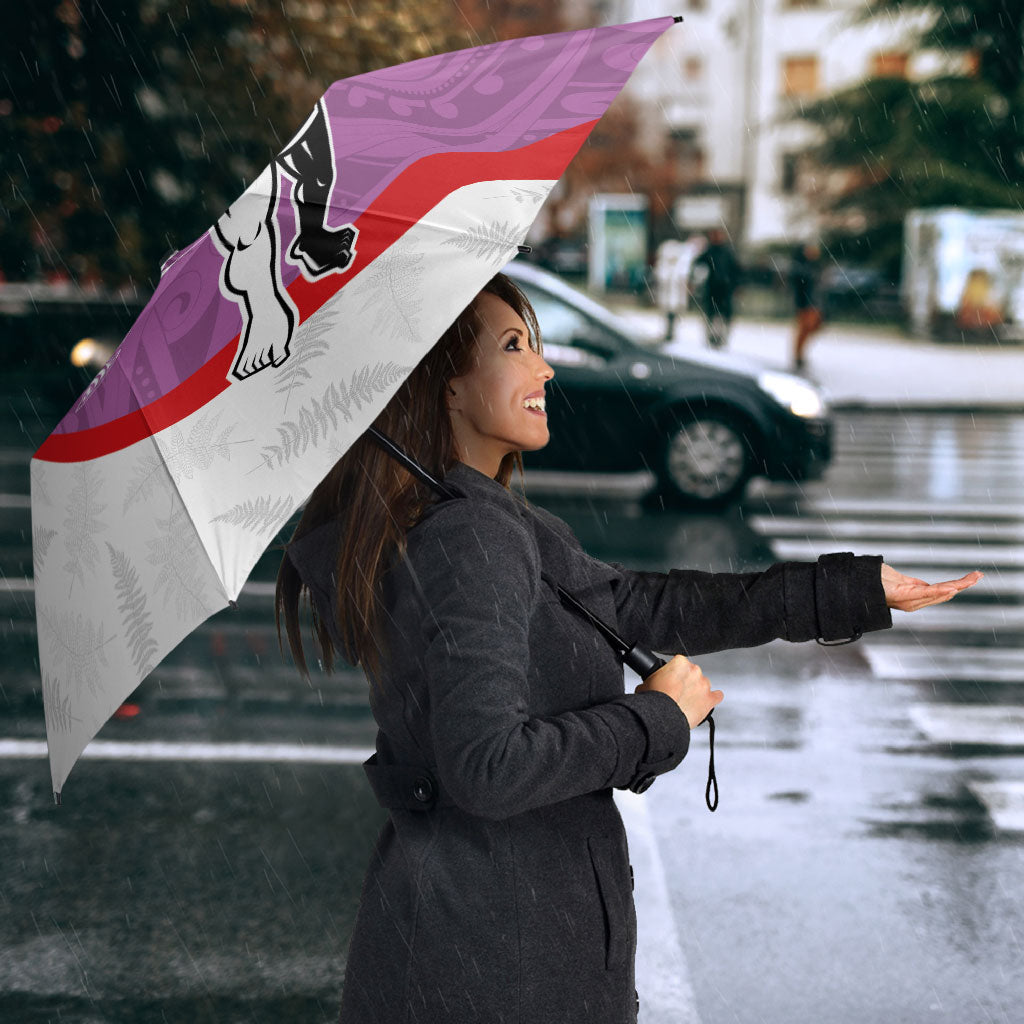 Personalised Aotearoa Lawn Bowls Umbrella Maori Warrior and Silver Fern Sporty Style Pink