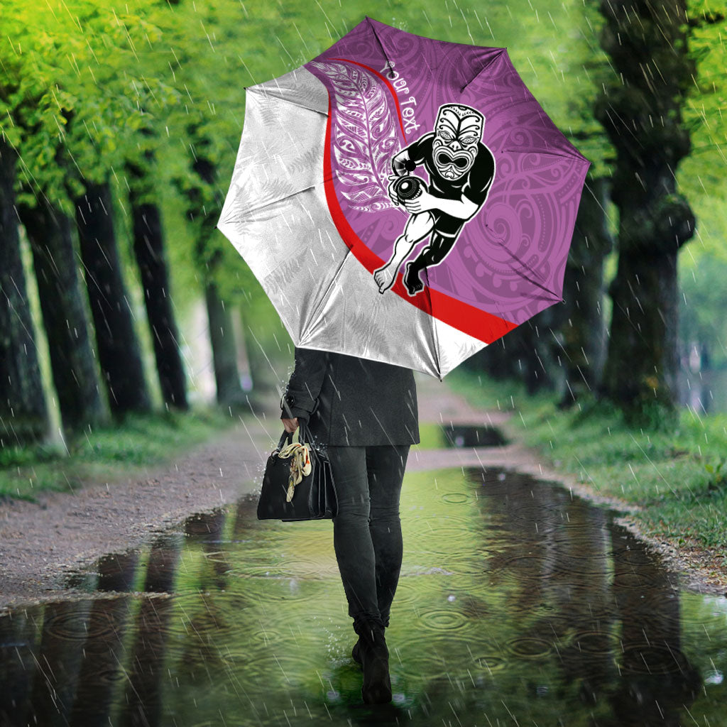 Personalised Aotearoa Lawn Bowls Umbrella Maori Warrior and Silver Fern Sporty Style Pink