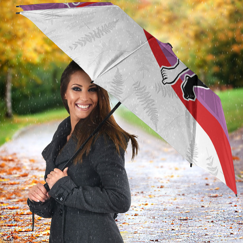 Personalised Aotearoa Lawn Bowls Umbrella Maori Warrior and Silver Fern Sporty Style Pink