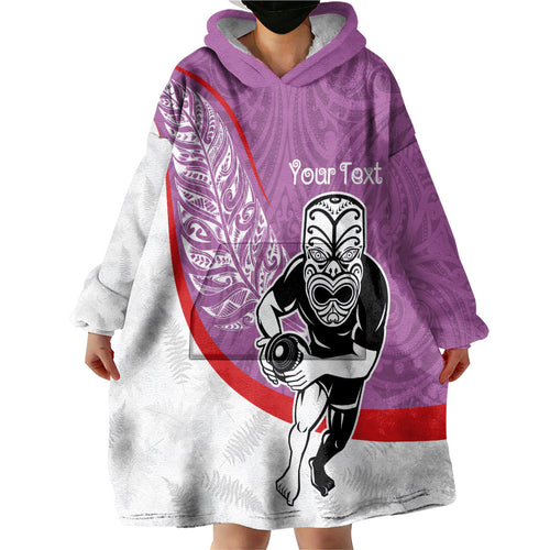 Personalised Aotearoa Lawn Bowls Wearable Blanket Hoodie Maori Warrior and Silver Fern Sporty Style Pink