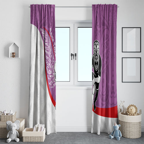 Personalised Aotearoa Lawn Bowls Window Curtain Maori Warrior and Silver Fern Sporty Style Pink
