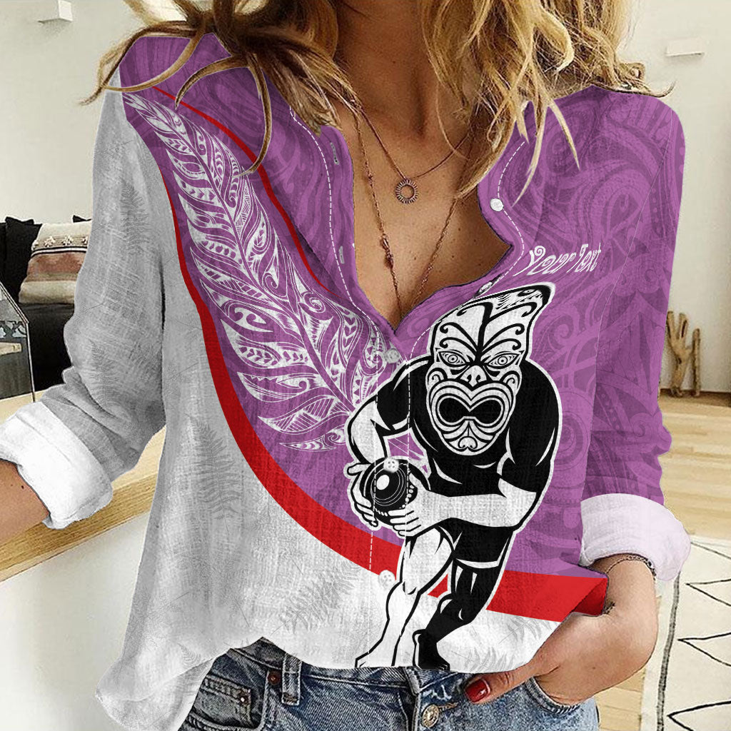 Personalised Aotearoa Lawn Bowls Women Casual Shirt Maori Warrior and Silver Fern Sporty Style Pink