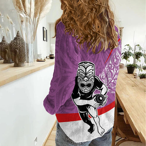 Personalised Aotearoa Lawn Bowls Women Casual Shirt Maori Warrior and Silver Fern Sporty Style Pink