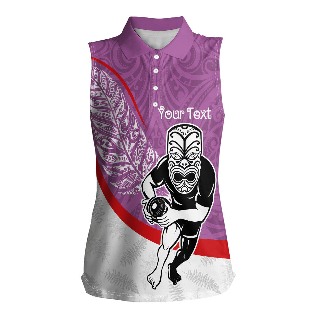 Personalised Aotearoa Lawn Bowls Women Sleeveless Polo Shirt Maori Warrior and Silver Fern Sporty Style Pink