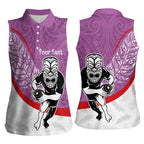 Personalised Aotearoa Lawn Bowls Women Sleeveless Polo Shirt Maori Warrior and Silver Fern Sporty Style Pink