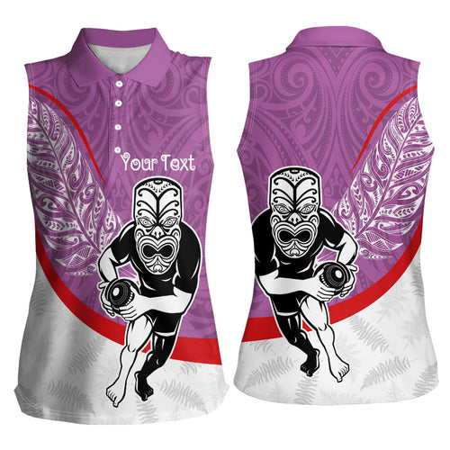 Personalised Aotearoa Lawn Bowls Women Sleeveless Polo Shirt Maori Warrior and Silver Fern Sporty Style Pink