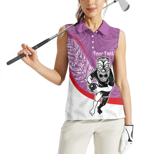 Personalised Aotearoa Lawn Bowls Women Sleeveless Polo Shirt Maori Warrior and Silver Fern Sporty Style Pink