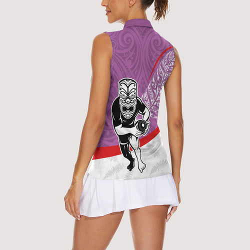 Personalised Aotearoa Lawn Bowls Women Sleeveless Polo Shirt Maori Warrior and Silver Fern Sporty Style Pink