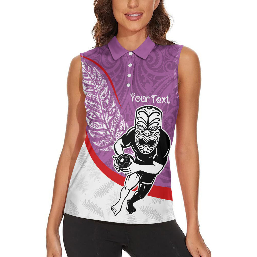 Personalised Aotearoa Lawn Bowls Women Sleeveless Polo Shirt Maori Warrior and Silver Fern Sporty Style Pink