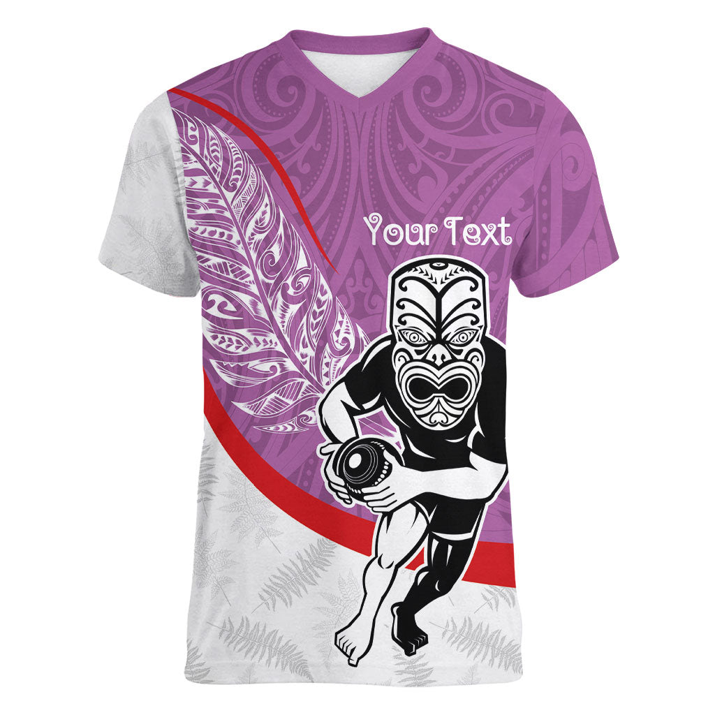 Personalised Aotearoa Lawn Bowls Women V-Neck T-Shirt Maori Warrior and Silver Fern Sporty Style Pink