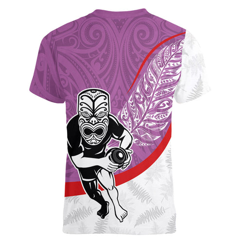 Personalised Aotearoa Lawn Bowls Women V-Neck T-Shirt Maori Warrior and Silver Fern Sporty Style Pink