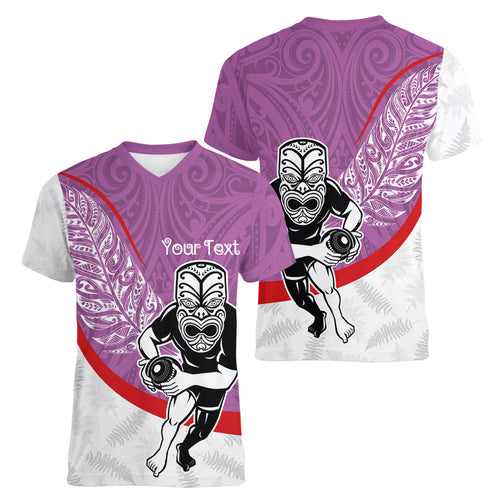 Personalised Aotearoa Lawn Bowls Women V-Neck T-Shirt Maori Warrior and Silver Fern Sporty Style Pink