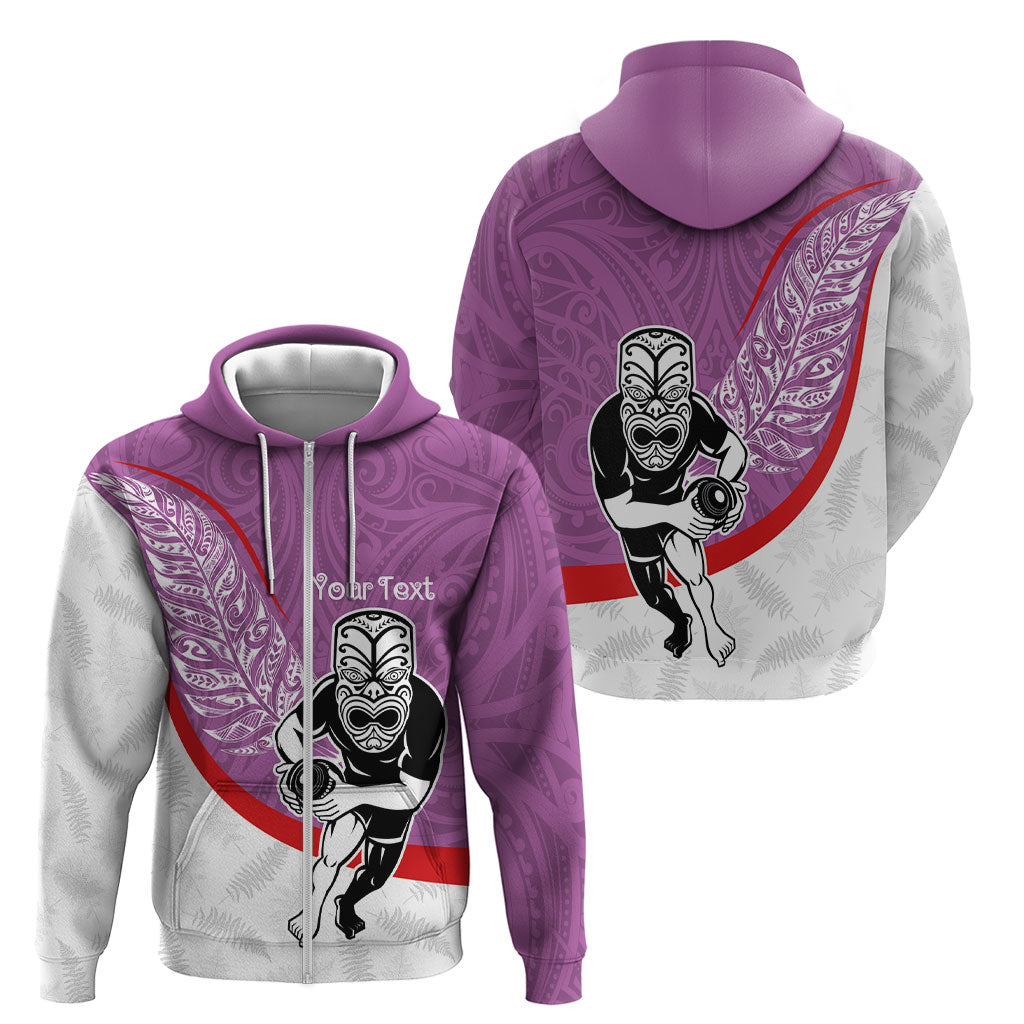Personalised Aotearoa Lawn Bowls Zip Hoodie Maori Warrior and Silver Fern Sporty Style Pink