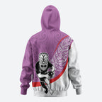 Personalised Aotearoa Lawn Bowls Zip Hoodie Maori Warrior and Silver Fern Sporty Style Pink