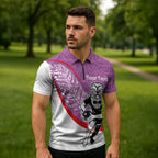 Personalised Aotearoa Lawn Bowls Zipper Polo Shirt Maori Warrior and Silver Fern Sporty Style Pink