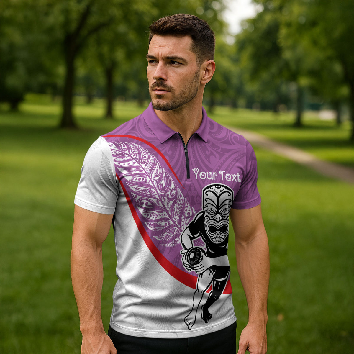 Personalised Aotearoa Lawn Bowls Zipper Polo Shirt Maori Warrior and Silver Fern Sporty Style Pink