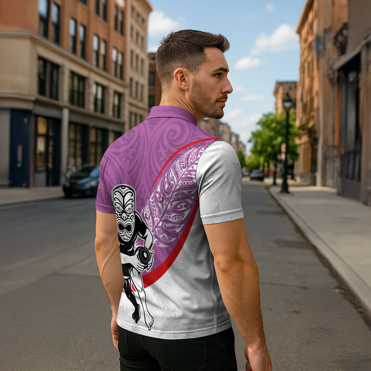 Personalised Aotearoa Lawn Bowls Zipper Polo Shirt Maori Warrior and Silver Fern Sporty Style Pink
