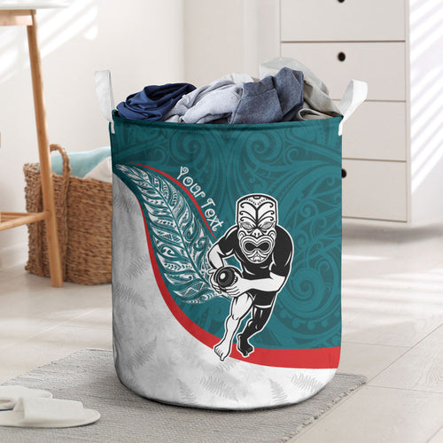 Personalised Aotearoa Lawn Bowls Laundry Basket Maori Warrior and Silver Fern Sporty Style Teal