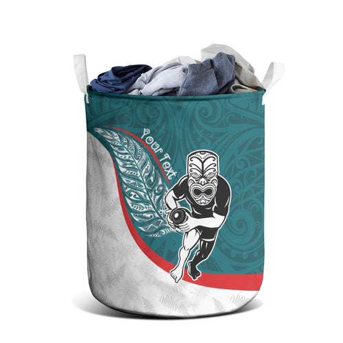 Personalised Aotearoa Lawn Bowls Laundry Basket Maori Warrior and Silver Fern Sporty Style Teal