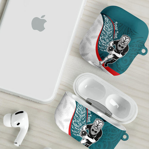 Personalised Aotearoa Lawn Bowls AirPods Case Maori Warrior and Silver Fern Sporty Style Teal