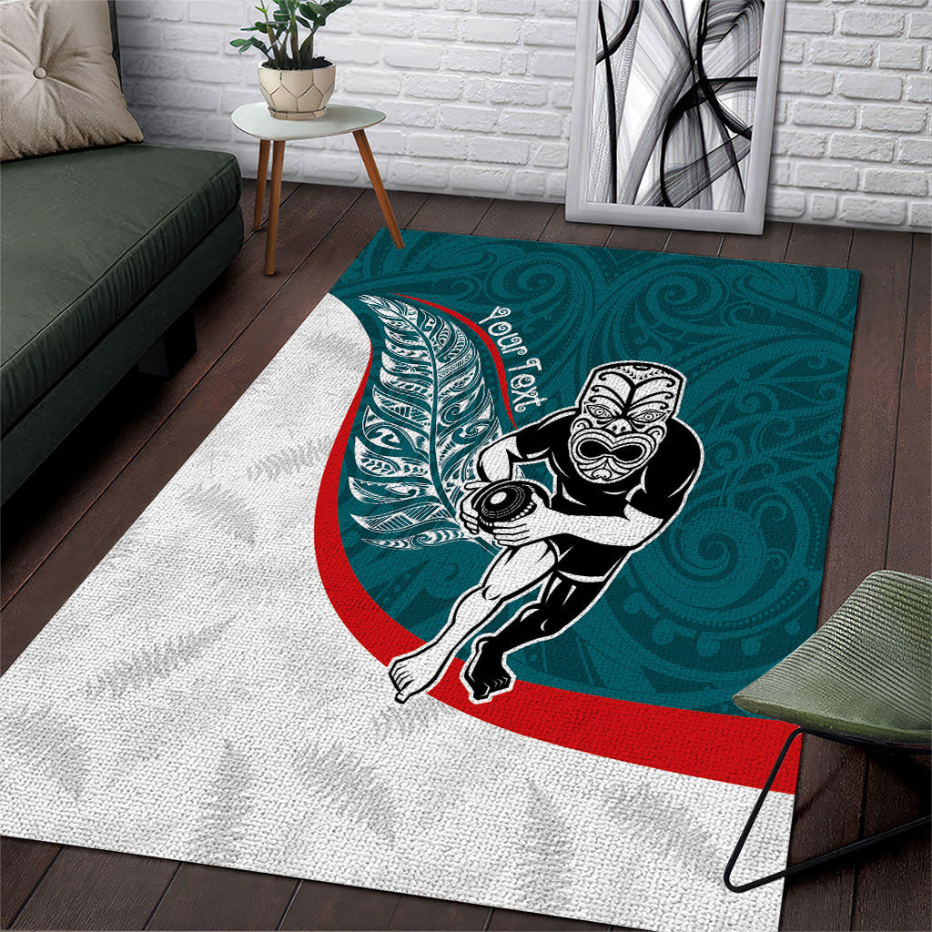 Personalised Aotearoa Lawn Bowls Area Rug Maori Warrior and Silver Fern Sporty Style Teal