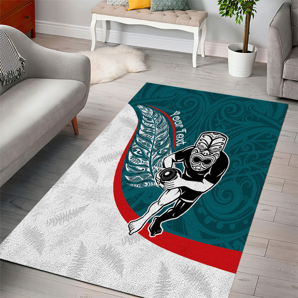 Personalised Aotearoa Lawn Bowls Area Rug Maori Warrior and Silver Fern Sporty Style Teal