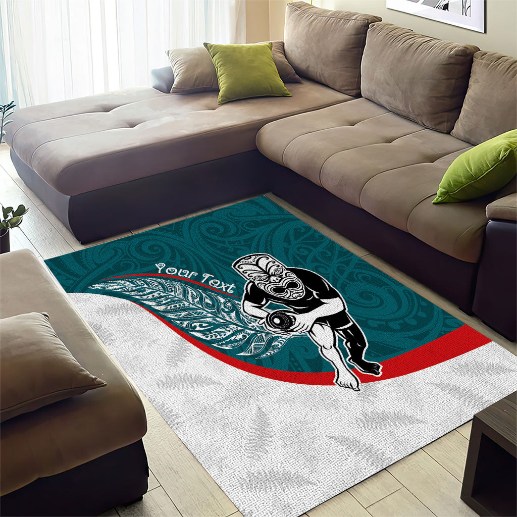 Personalised Aotearoa Lawn Bowls Area Rug Maori Warrior and Silver Fern Sporty Style Teal