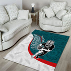 Personalised Aotearoa Lawn Bowls Area Rug Maori Warrior and Silver Fern Sporty Style Teal