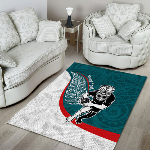 Personalised Aotearoa Lawn Bowls Area Rug Maori Warrior and Silver Fern Sporty Style Teal